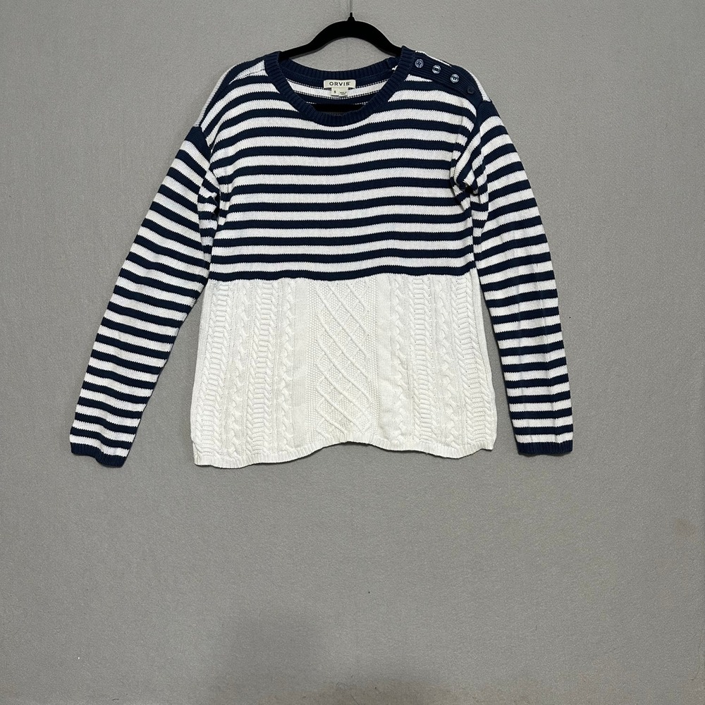 Orvis Womens Navy White Striped Cable Knit Mixed Media Button Shoulder Sweater S